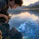 immagine generata dall'ia, un giovane si specchia in un lago e vede riflessa la sua immagine digitale